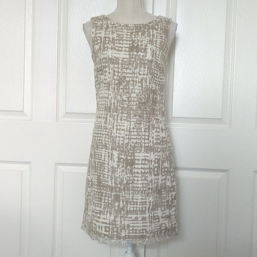 Piazza Sempione Tan and White Sleeveless Sheath Dress
